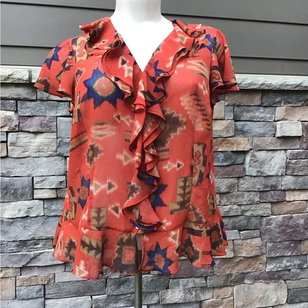 Chaps ruffle collar sheer poly top size 2X